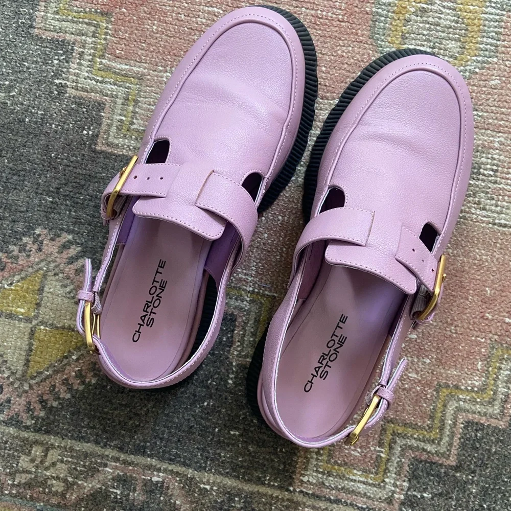 Charlotte Stone Aubrey Violet Leather Slingback Mules with Gold Buckles - Picture 4 of 5